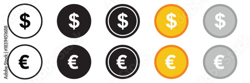 Currency symbols icons set with label. Dollar, Euro, Pound, Rupee, Franc, Ruble, Yen, Won black and white color vector illustration. Set of currency symbols dollar, euro, pound, yen, won, rupee, franc