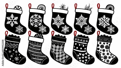 Collection of eight black Christmas stockings featuring white decorative patterns. Isolated holiday-themed objects perfect for festive designs, clipart, and seasonal decorations