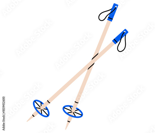 Hand drawn cute illustration pair of vintage ski poles. Flat vector winter sport ski sticks doodle. Mountain vacation gear sticker. Holiday recreation activity. Cold season competition. Isolated.