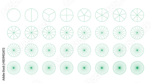 Segmented charts from 1 to 32 collection. Set of pie, pizza charts templates. Many number of sectors divide the circle on equal parts. Outline green graphics icon. Segments infographic. Diagram wheels