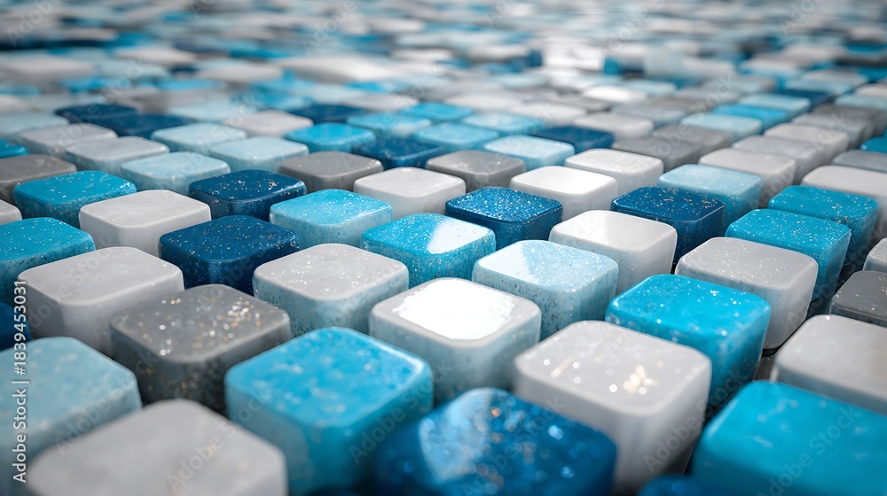 Obraz premium Rows of Small Rounded Cubes in Shades of Blue and Gray with Glitter abstract photo background