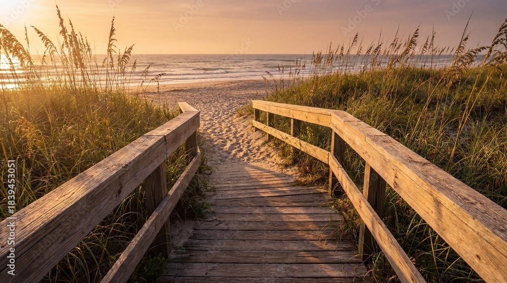 Fototapeta premium A serene wooden boardwalk leading to a tranquil beach at sunset with tall grasses on either side