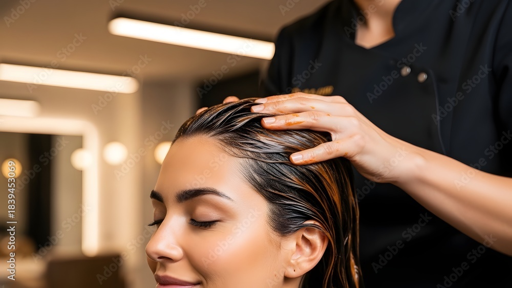 Fototapeta premium Close-up of a stylist massaging hair conditioner into a woman's wet hair, offering a luxurious hair treatment in a salon.