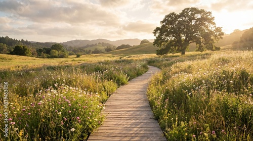 A serene wooden path winding through a vibrant meadow filled with wildflowers under a golden sunset sky