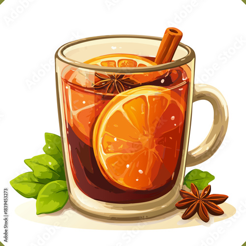 Vector illustration of a transparent glass of mulled orange drink with cinnamon stick, star anise, slice of citrus, isolated on a white background. Vector illustration of traditional winter beverage