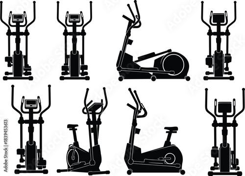 Blue and Black Silhouettes of Elliptical Trainer and Exercise Bike Vectors Collection for Home Gym Cardio Workout Equipment Design Element, Isolated on White.