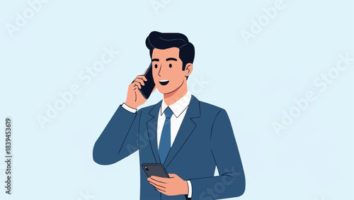 Professional businessman in suit talking on smartphone, holding another phone.