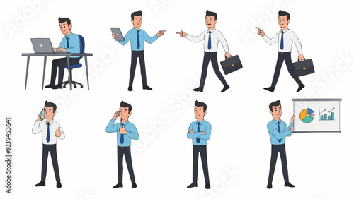 Set of eight cartoon businessmen in various poses and actions, illustrating different work scenarios.