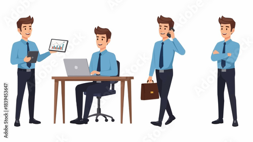 Cartoon businessman character in various poses and actions.