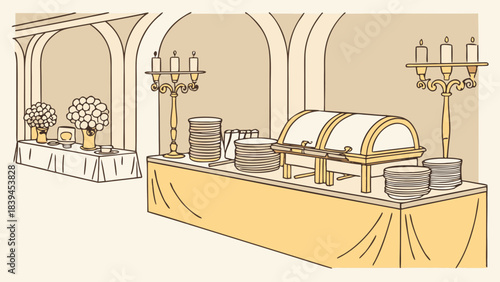 “Wedding catering setup with golden candles, floral details, soft lighting, luxury vector style.”