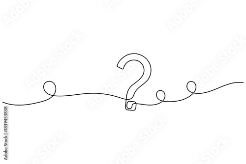 Continuous single line drawing of a question mark symbol on a clean white background, representing inquiry, curiosity.