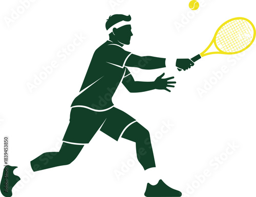 Dynamic Tennis Player Silhouette Hitting Forehand Volley Vector Illustration Professional Athlete Action Sport Championship Design Element Competitive 
