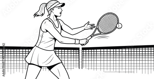 Female tennis player hits forehand illustration on court net background, dynamic action graphic vector sketch of woman athlete serving, playing, or returning the ball sport game competition training.