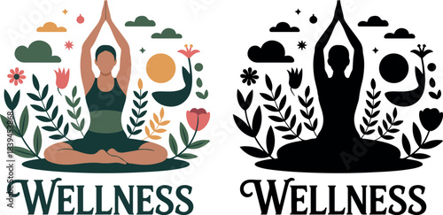 Mindful wellness concept featuring a person meditating surrounded by natural elements