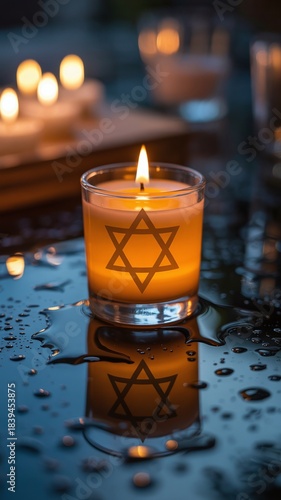 Wallpaper Mural Yom HaShoah memorial candle with glowing Star of David in glass, Holocaust Remembrance flame, Jewish mourning tribute Torontodigital.ca