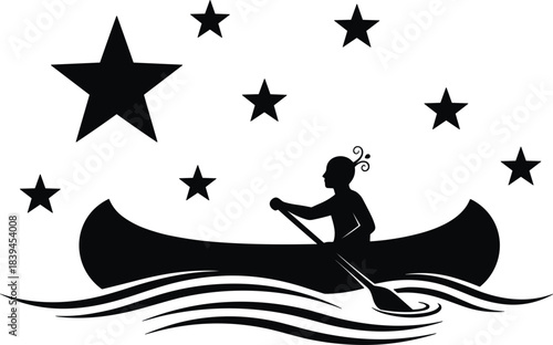 Indigenous person paddling a canoe under a brilliant, star-filled night sky, reflecting traditional navigation and cultural heritage; vector illustration capturing serene journey,
