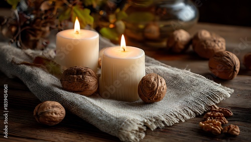 Warm autumn still life featuring lit candles walnuts and a linen cloth