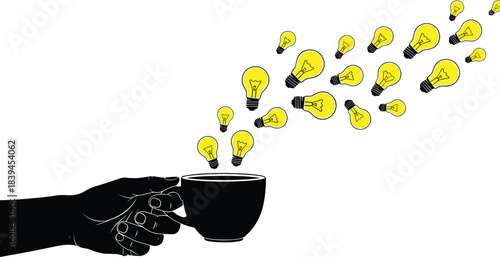 Inspiration and Energy Unleashed from Morning Coffee or Tea, Hand Holding Mug, Lightbulbs Rising, Symbolizing Creativity, Ideas, Brainstorming, Innovation, Startup, and Productivity.