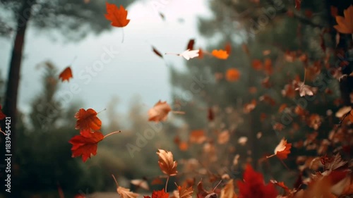 Colorful autumn leaves falling gently, red and gold foliage, peaceful, slow-motion nature background