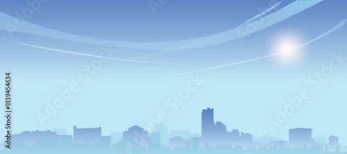 Blue panoramic poster of the city skyline with misty background buildings and clouds of DALLAS, UNITED STATES