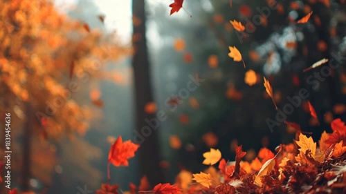 Colorful autumn leaves falling gently, red and gold foliage, peaceful, slow-motion nature 4K 