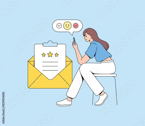 Customer Satisfaction feedback illustration. Reading Mobile Customer Reviews. Online Feedback on a Smartphone. Flat vector.