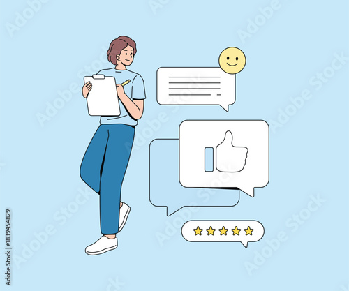 Customer Survey Illustration. Reviewing and Rating Service. Giving a 5-Star Rating and Thumbs Up. Flat vector illustration.
