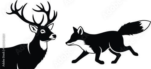 Vector black silhouette of a wild deer stag with antlers and a running fox, a forest wildlife animal symbol or abstract logo design element.