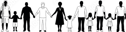 Diverse family silhouettes holding hands in unity, representing generations, community connection, love, support, togetherness, multicultural harmony, and shared values.