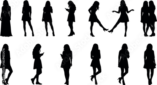 Female silhouette poses collection with mobile gestures, fashion stances, expressive body language, standing positions for design, modeling, and posture studies.