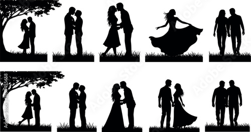 Romantic couple silhouette scenes with love, kiss, hug, dance, tree, grass, outdoor relationship moments for Valentine and wedding themes