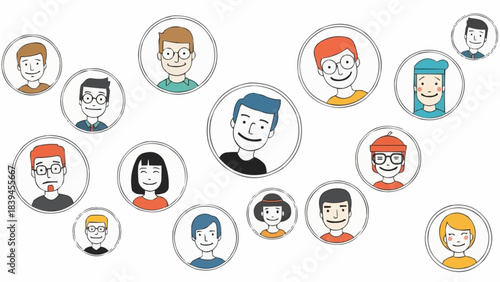 Diverse group of cartoon people avatars in circles representing a network.