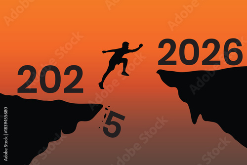 Unique creative background, poster, flyer, banner template design for 2026. A man jump on 2026 from 2025 at amazing sunset. Man silhouette jumping on 2026 over the precipice at amazing sunset.