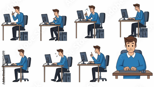 Man Working on Computer Showing Different Emotions and Poses.