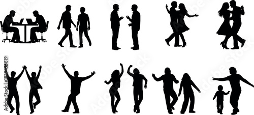 Silhouette people in various social activities including dancing, walking, working, celebrating, and interacting in dynamic human poses and gestures.