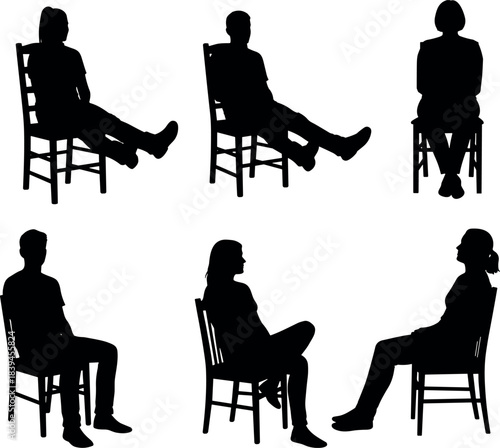 Silhouette vector of seated people in various chair poses, showcasing diverse sitting postures for ergonomic, gesture, and lifestyle concepts.