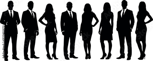 Silhouetted business professionals standing in formal attire, diverse corporate team concept for leadership, teamwork, office staff, and HR visuals.
