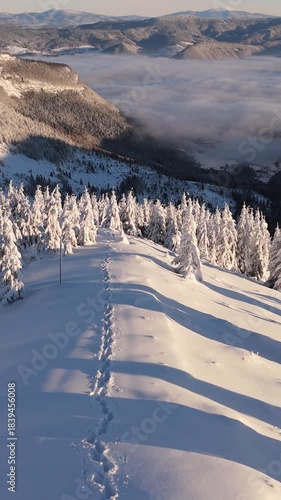 Vertical Aerial view of snowy mountain ridge with single track above valley filled with cloud inversion