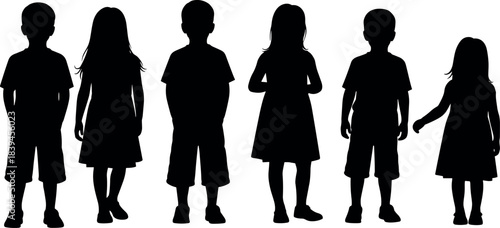 Silhouettes of diverse children standing in a row, showcasing age differences, growth stages, and gender representation in black outline style.
