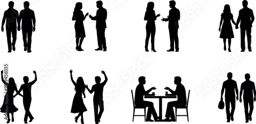Silhouettes of diverse couples walking, talking, dancing, and socializing in various poses representing human interaction and relationship activities.