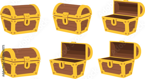 Chest vector set. Empty treasure box, open and closed medieval ancient wooden cartoon chests, game old pirate treasures, lock boxes for gold, isolated neat vector icon