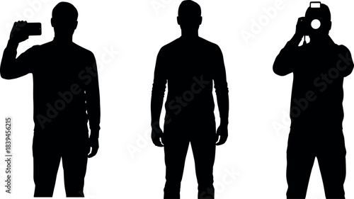 Silhouettes of people using smartphone and camera for photography and videography on white background, modern digital media concept