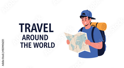 Young male tourist with a backpack and sleeping mat consults a world map for his next destination on a global adventure.