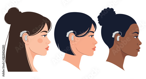 Diverse group of women with different hairstyles and skin tones wearing modern behind-the-ear hearing aids for hearing loss concepts.