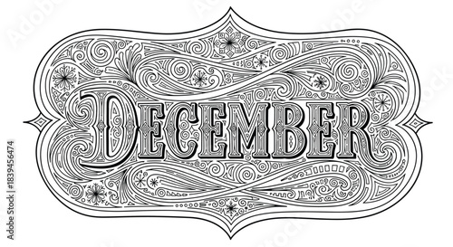Intricate black and white Zentangle-style lettering of the word December, with detailed swirls and snowflakes for a coloring book.