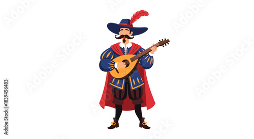 Cheerful medieval bard character in a colorful costume with a plumed hat and red cape, playing a traditional lute or mandolin.