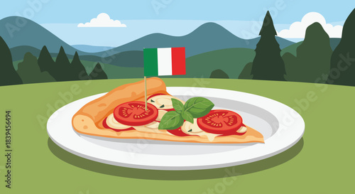 Slice of classic Italian pizza Margherita with tomato, mozzarella, and basil on a plate, set against a scenic mountain landscape.