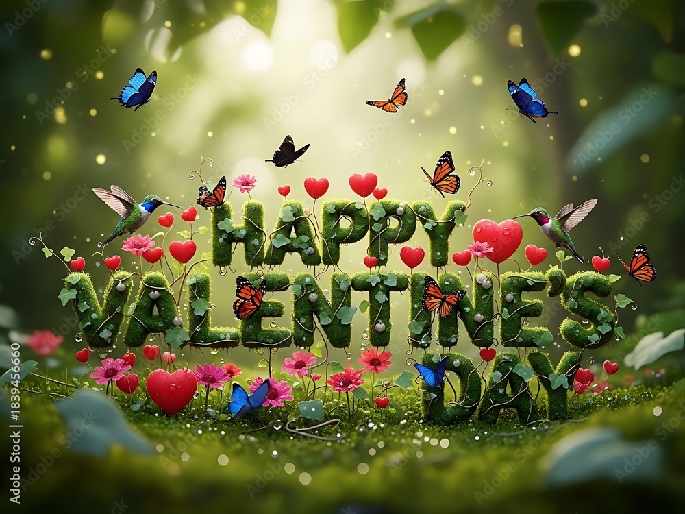 Naklejka premium Happy valentines day message in enchanted forest with butterflies and hearts