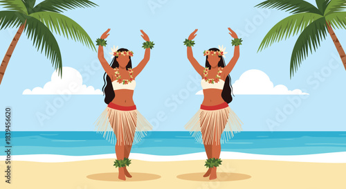 Two beautiful Hawaiian women in traditional attire performing a hula dance on a sunny tropical beach with palm trees and ocean.