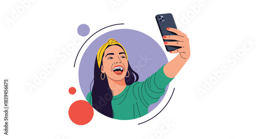 Joyful young woman with dental braces and a headband laughing while taking a selfie with her smartphone on a modern background.